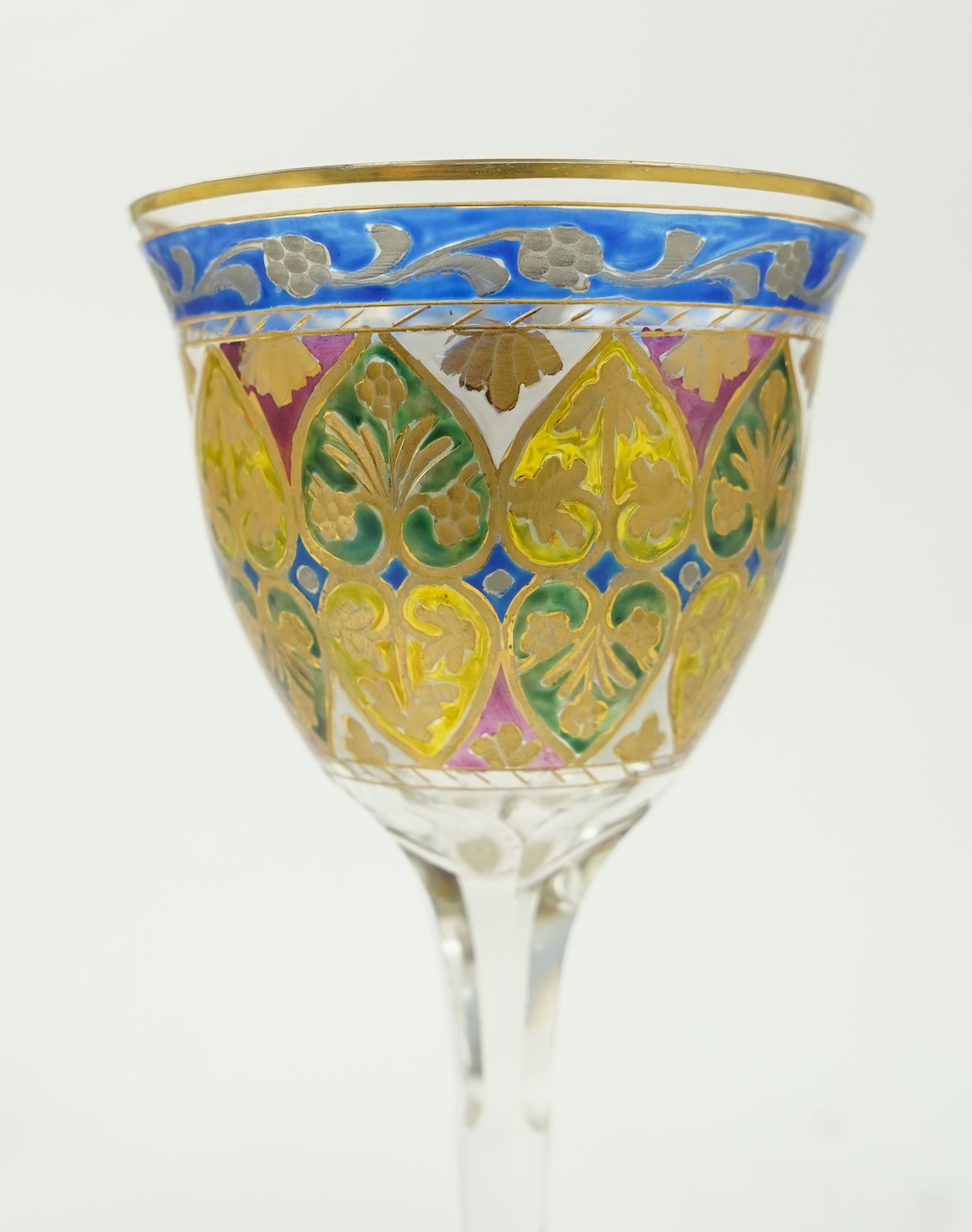 Fritz Heckert, five Jugendstil painted and gilt ‘Jodhpur’ glasses, c.1900